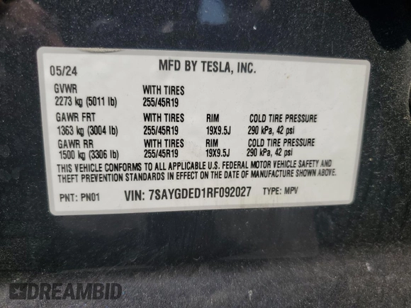2024 Tesla Model Y с VIN 7SAYGDED1RF092027, выставлен на аукционе Copart как лот 62330775 с пробегом 22 010 миль миль и Списание • Salvage title. История ставок и продаж доступна на DreamBid. Изображение 12.