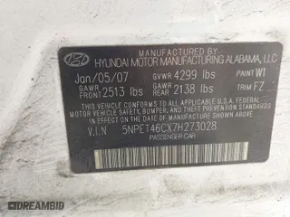 2007 Hyundai Sonata GLS with VIN 5NPET46CX7H273028, listed as a IAAI auction lot 41738029 with 188,451 mi miles. Bid and sale history available at carsss.com. Image 9.