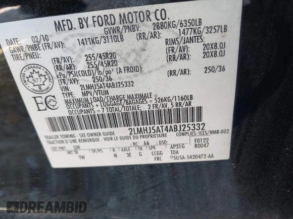 2010 Lincoln MKT EcoBoost with VIN 2LMHJ5AT4ABJ25332, listed as a IAAI auction lot 42176728 with Not Provided miles and . Bid and sale history available at DreamBid. Image 9.