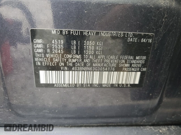 2016 Subaru Legacy Limited with VIN 4S3BNBN63G3054176, listed as a Copart auction lot 55963575 with 72,638 mi miles and Salvage title. Bid and sale history available at DreamBid. Image 12.
