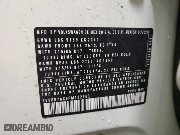 2023 Volkswagen Tiguan S с VIN 3VVRB7AX6PM132663, выставлен на аукционе Copart как лот 53526275 с пробегом 20 209 миль миль и Списание • Salvage title. История ставок и продаж доступна на DreamBid. Изображение 13.