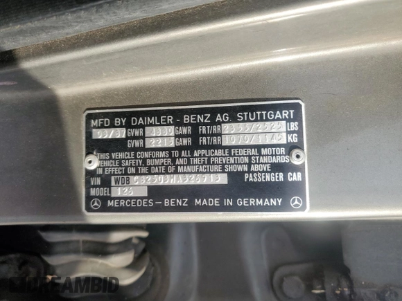 1987 Mercedes-Benz 300 with VIN WDBCB2503HA326913, listed as a Copart auction lot 45600005 with 232,194 mi miles and Clean Title. Bid and sale history available at DreamBid. Image 12.