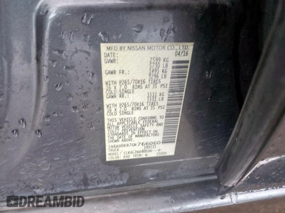 2016 Nissan Frontier SV with VIN 1N6AD0ER7GN766060, listed as a Copart auction lot 54343535 with 121,820 mi miles and Salvage title. Bid and sale history available at DreamBid. Image 12.