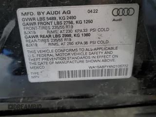 2022 Audi Q5 Sportback S line Premium Plus with VIN WA15ABFY4N2105772, listed as a Copart auction lot 54119335 with 38,217 mi miles and Salvage title. Bid and sale history available at DreamBid. Image 14.