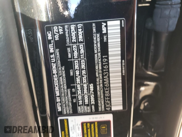 2021 Mercedes-Benz GLS with VIN 4JGFF8KE6MA316191, listed as a Copart auction lot 87205584 with 52,108 mi miles and Salvage Title. Bid and sale history available at carsss.com. Image 15.