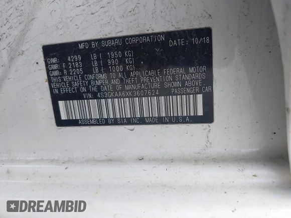 2019 Subaru Impreza with VIN 4S3GKAA6XK3607624, listed as a IAAI auction lot 42005570 with 136,026 mi miles and . Bid and sale history available at DreamBid. Image 9.