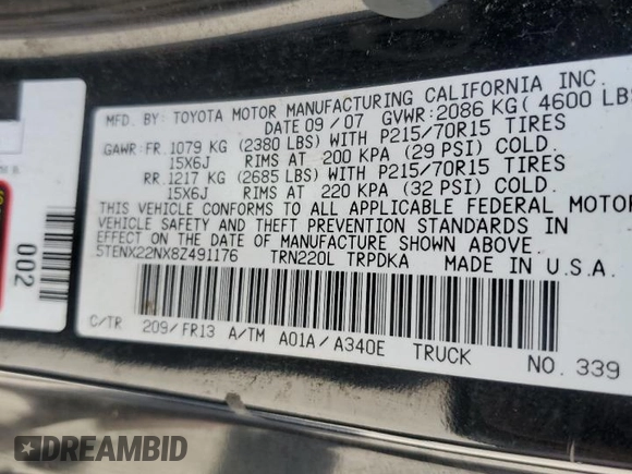 2008 Toyota Tacoma with VIN 5TENX22NX8Z491176, listed as a Copart auction lot 55200225 with 176,187 mi miles and Clean title. Bid and sale history available at DreamBid. Image 12.