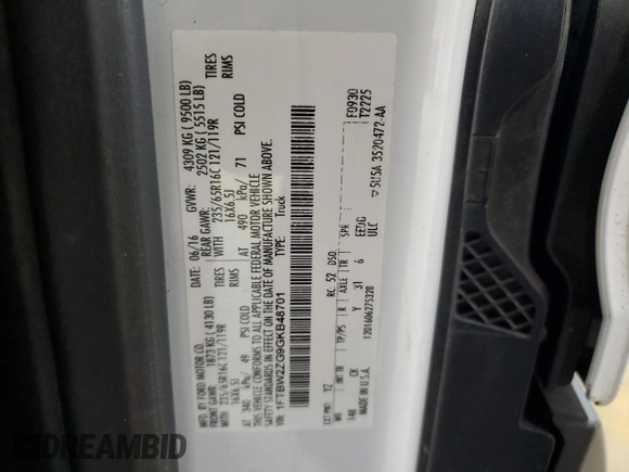 2016 Ford Transit with VIN 1FTBW2ZG9GKB48701, listed as a Copart auction lot 74801304 with 251,754 mi miles and Clean Title. Bid and sale history available at DreamBid. Image 13.