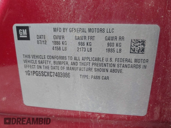 2012 Chevrolet Cruze 2LT with VIN 1G1PG5SCXC7403986, listed as a IAAI auction lot 42146893 with 208,050 mi miles and . Bid and sale history available at DreamBid. Image 9.