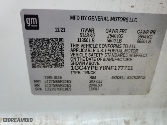 2022 Chevrolet Silverado 2500HD LTZ with VIN 1GC4YPEY8NF177711, listed as a Copart auction lot 42165875 with 79,148 mi miles and Salvage Title. Bid and sale history available at carsss.com. Image 12.
