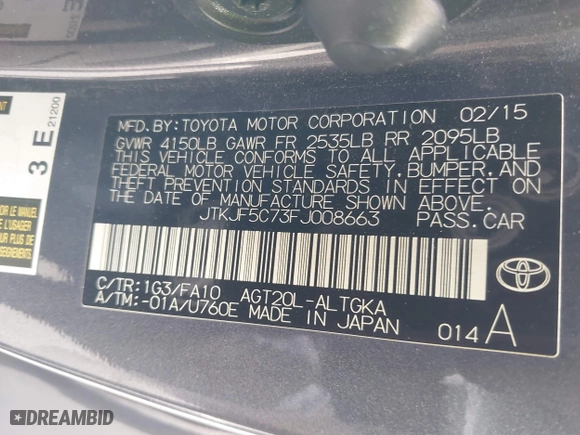 2015 Scion tC with VIN JTKJF5C73FJ008663, listed as a IAAI auction lot 41969395 with 125,758 mi miles. Bid and sale history available at carsss.com. Image 9.