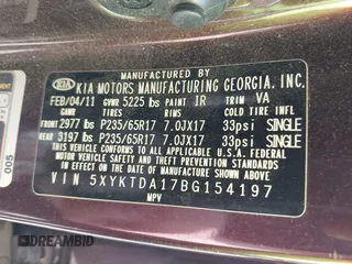 2011 Kia Sorento LX with VIN 5XYKTDA17BG154197, listed as a IAAI auction lot 41923864 with 143,010 mi miles and . Bid and sale history available at carsss.com. Image 9.