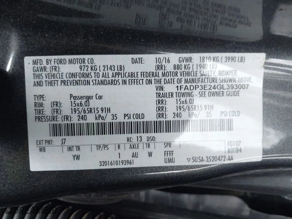 2016 Ford Focus S with VIN 1FADP3E24GL393007, listed as a IAAI auction lot 41522844 with 91,800 mi miles. Bid and sale history available at carsss.com. Image 9.