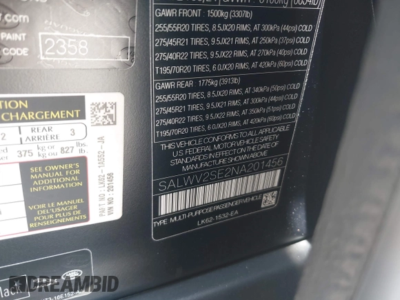 2022 Land Rover Range Rover Sport Autobiography with VIN SALWV2SE2NA201456, listed as a IAAI auction lot 42572271 with 50,161 mi miles and . Bid and sale history available at DreamBid. Image 9.