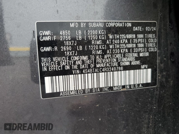 2024 Subaru Outback Onyx with VIN 4S4BTALC4R3240798, listed as a Copart auction lot 51138485 with 16,416 mi miles and Salvage title. Bid and sale history available at DreamBid. Image 14.