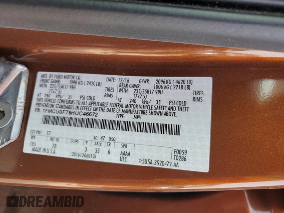 2017 Ford Escape S with VIN 1FMCU0F78HUC46672, listed as a Copart auction lot 59348095 with 96,481 mi miles and Salvage title. Bid and sale history available at DreamBid. Image 12.