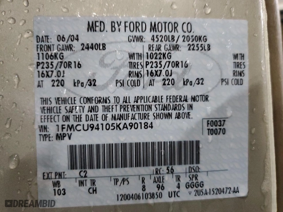 2005 Ford Escape Limited with VIN 1FMCU94105KA90184, listed as a Copart auction lot 45879565 with 178,163 mi miles and Salvage Title. Bid and sale history available at carsss.com. Image 13.