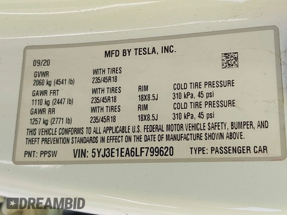2020 Tesla Model 3 Standard Range Plus with VIN 5YJ3E1EA6LF799620, listed as a IAAI auction lot 42221643 with 55,458 mi miles and . Bid and sale history available at carsss.com. Image 9.