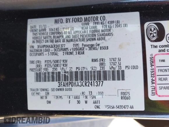 2012 Ford Fusion SE with VIN 3FAHP0HA3CR241377, listed as a IAAI auction lot 42684493 with 100,790 mi miles and . Bid and sale history available at DreamBid. Image 9.