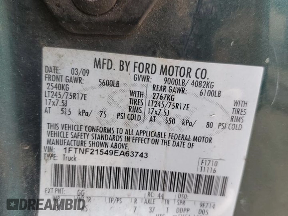 2009 Ford F-250 XL with VIN 1FTNF21549EA63743, listed as a Copart auction lot 49388235 with 74,742 mi miles and Clean Title. Bid and sale history available at DreamBid. Image 12.