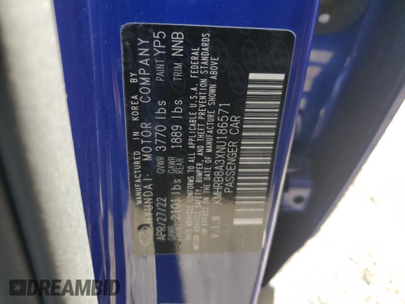 2022 Hyundai Venue SE z VIN KMHRB8A3XNU186571, wystawiony jako Copart lot #56703925 z przebiegiem 41 077 mil mil oraz Szkoda całkowita • Salvage title. Historia ofert i sprzedaży dostępna na DreamBid. Obrazek 13.