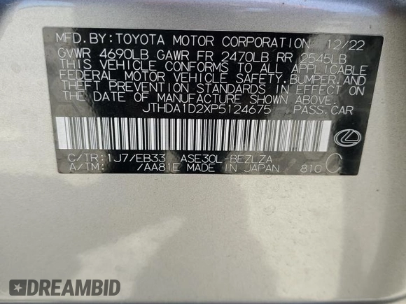 2023 Lexus IS 300 с VIN JTHDA1D2XP5124675, выставлен на аукционе Copart как лот 54183215 с пробегом 27 110 миль миль и Списание • Salvage title. История ставок и продаж доступна на DreamBid. Изображение 12.
