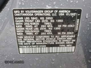 2021 Volkswagen Atlas SE with VIN 1V2HE2CA7MC212949, listed as a Copart auction lot 81827654 with 50,834 mi miles and Salvage title. Bid and sale history available at DreamBid. Image 14.