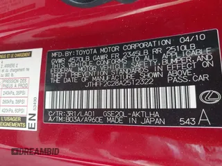 2010 Lexus IS 250 C with VIN JTHFF2C28A2512322, listed as a IAAI auction lot 42684261 with 59,939 mi miles and . Bid and sale history available at DreamBid. Image 9.