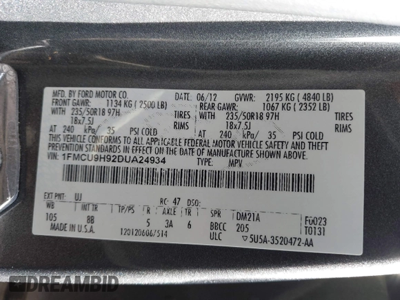2013 Ford Escape SEL with VIN 1FMCU9H92DUA24934, listed as a IAAI auction lot 41832566 with 124,705 mi miles. Bid and sale history available at carsss.com. Image 9.