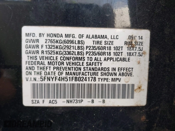 2015 Honda Pilot EX-L z VIN 5FNYF4H51FB024178, wystawiony jako IAAI lot #42296166 z przebiegiem 195 992 mil mil oraz . Historia ofert i sprzedaży dostępna na DreamBid. Obrazek 9.