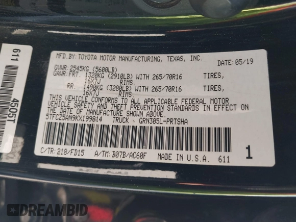 2019 Toyota Tacoma SR z VIN 5TFCZ5AN9KX199814, wystawiony jako IAAI lot #41841821 z przebiegiem 69 276 mil mil oraz . Historia ofert i sprzedaży dostępna na DreamBid. Obrazek 9.