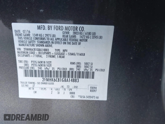 2016 Ford Flex SEL with VIN 2FMHK6C81GBA14883, listed as a IAAI auction lot 41443842 with 111,693 mi miles. Bid and sale history available at carsss.com. Image 9.