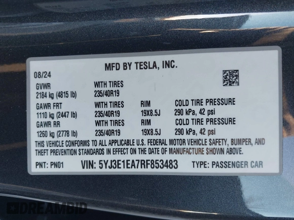 2024 Tesla Model 3 with VIN 5YJ3E1EA7RF853483, listed as a IAAI auction lot 40863575 with 1,173 mi miles and . Bid and sale history available at carsss.com. Image 9.