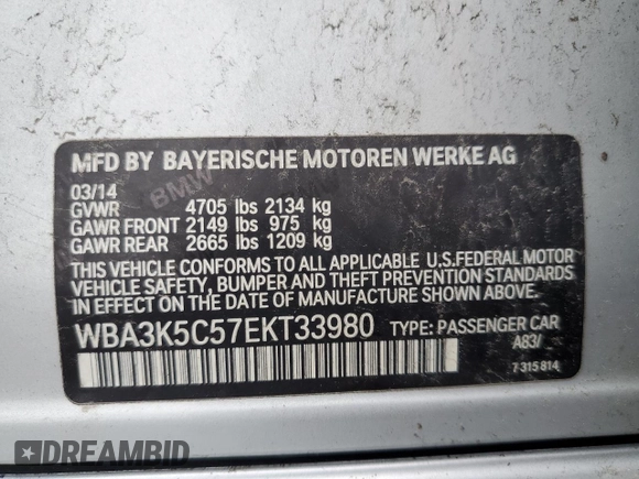 2014 BMW 3 Series 328d xDrive with VIN WBA3K5C57EKT33980, listed as a Copart auction lot 53123495 with Not provided miles and Clean title. Bid and sale history available at DreamBid. Image 12.