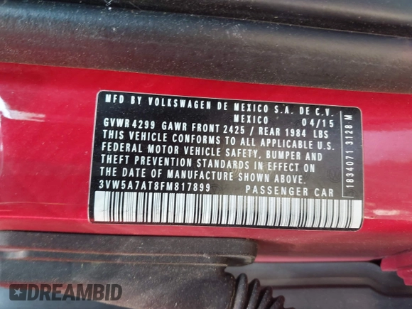 2015 Volkswagen Beetle с VIN 3VW5A7AT8FM817899, выставлен на аукционе IAAI как лот 41908409 с пробегом 134 420 миль миль и . История ставок и продаж доступна на DreamBid. Изображение 9.