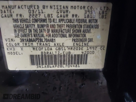 2011 Nissan Sentra SR with VIN 3N1AB6AP2BL704481, listed as a IAAI auction lot 42122376 with 166,475 mi miles and . Bid and sale history available at DreamBid. Image 9.