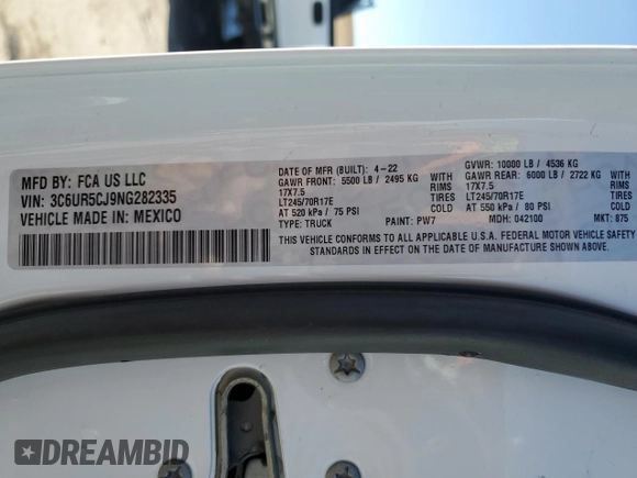 2022 Ram 2500 Tradesman with VIN 3C6UR5CJ9NG282335, listed as a Copart auction lot 46089775 with 58,164 mi miles and Salvage title. Bid and sale history available at DreamBid. Image 13.