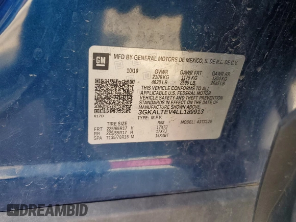 2020 GMC Terrain SLE with VIN 3GKALTEV4LL189913, listed as a Copart auction lot 54226255 with 83,537 mi miles and Salvage title. Bid and sale history available at DreamBid. Image 12.