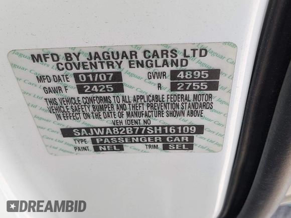 2007 Jaguar XJ Vanden Plas with VIN SAJWA82B77SH16109, listed as a IAAI auction lot 42749658 with 185,772 mi miles and . Bid and sale history available at DreamBid. Image 9.