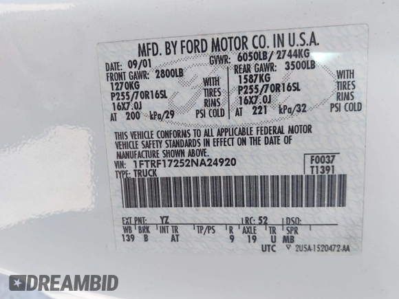 2002 Ford F-150 XL with VIN 1FTRF17252NA24920, listed as a IAAI auction lot 41601123 with 1 mi miles. Bid and sale history available at carsss.com. Image 9.