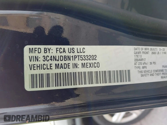 2023 Jeep Compass Latitude with VIN 3C4NJDBN1PT533202, listed as a IAAI auction lot 41545879 with 35,794 mi miles and . Bid and sale history available at DreamBid. Image 9.