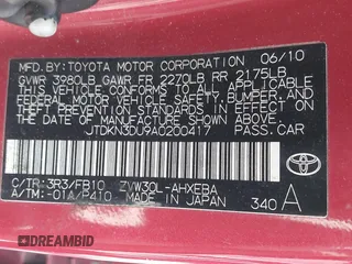 2010 Toyota Prius II with VIN JTDKN3DU9A0200417, listed as a IAAI auction lot 42250790 with 147,470 mi miles and . Bid and sale history available at DreamBid. Image 9.
