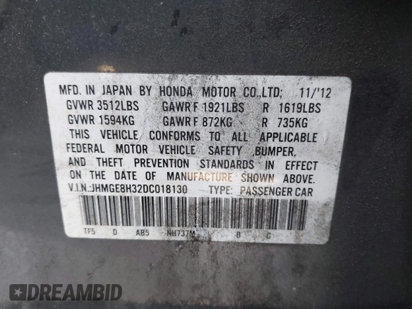 2013 Honda Fit with VIN JHMGE8H32DC018130, listed as a IAAI auction lot 41980172 with 98,452 mi miles. Bid and sale history available at carsss.com. Image 9.