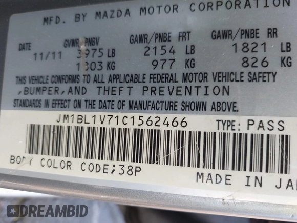 2012 Mazda 3 i Touring with VIN JM1BL1V71C1562466, listed as a IAAI auction lot 42053720 with 152,905 mi miles and . Bid and sale history available at DreamBid. Image 9.