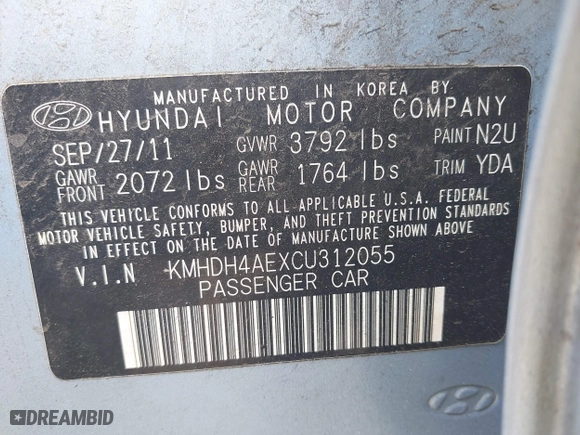 2012 Hyundai Elantra GLS with VIN KMHDH4AEXCU312055, listed as a IAAI auction lot 42063622 with 125,710 mi miles. Bid and sale history available at carsss.com. Image 9.
