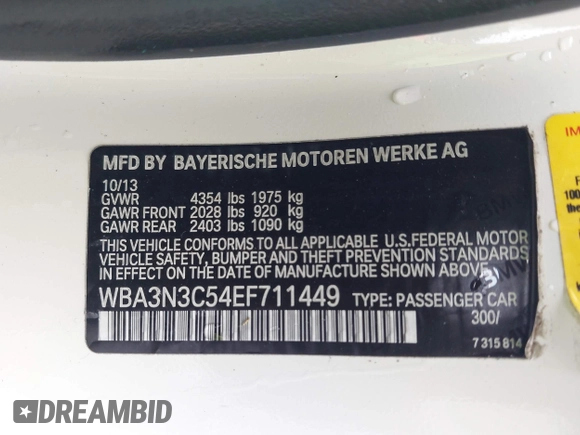 2014 BMW 4 Series 428i with VIN WBA3N3C54EF711449, listed as a IAAI auction lot 42422157 with 72,424 mi miles and . Bid and sale history available at DreamBid. Image 9.