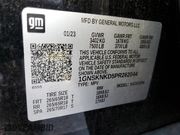 2023 Chevrolet Tahoe LT with VIN 1GNSKNKD5PR262044, listed as a Copart auction lot 63127975 with 34,333 mi miles and Salvage title. Bid and sale history available at DreamBid. Image 13.
