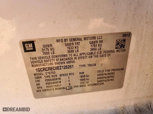 2014 Chevrolet Silverado 1500 LT with VIN 1GCRCREC8EZ126261, listed as a Copart auction lot 50588885 with 96,978 mi miles and Salvage Title. Bid and sale history available at carsss.com. Image 14.