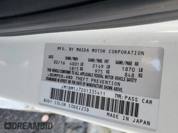 2016 Mazda 3 i Sport with VIN JM1BM1J72G1335411, listed as a Copart auction lot 42042015 with 104,275 mi miles and Salvage Title. Bid and sale history available at DreamBid. Image 14.