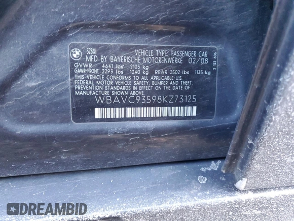 2008 BMW 3 Series 328xi with VIN WBAVC93598KZ73125, listed as a Copart auction lot 44732725 with Not provided miles and Salvage title. Bid and sale history available at DreamBid. Image 12.